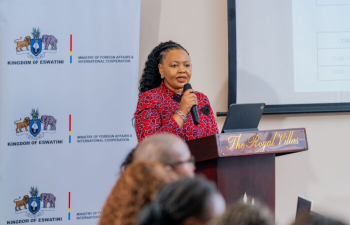 Minister of Foreign Affairs and International Cooperation Senator Pholile Shakantu delivers opening remarks at the Consultative Programme for Ambassadors at Royal Villas in Ezulwini on April 29, 2026.