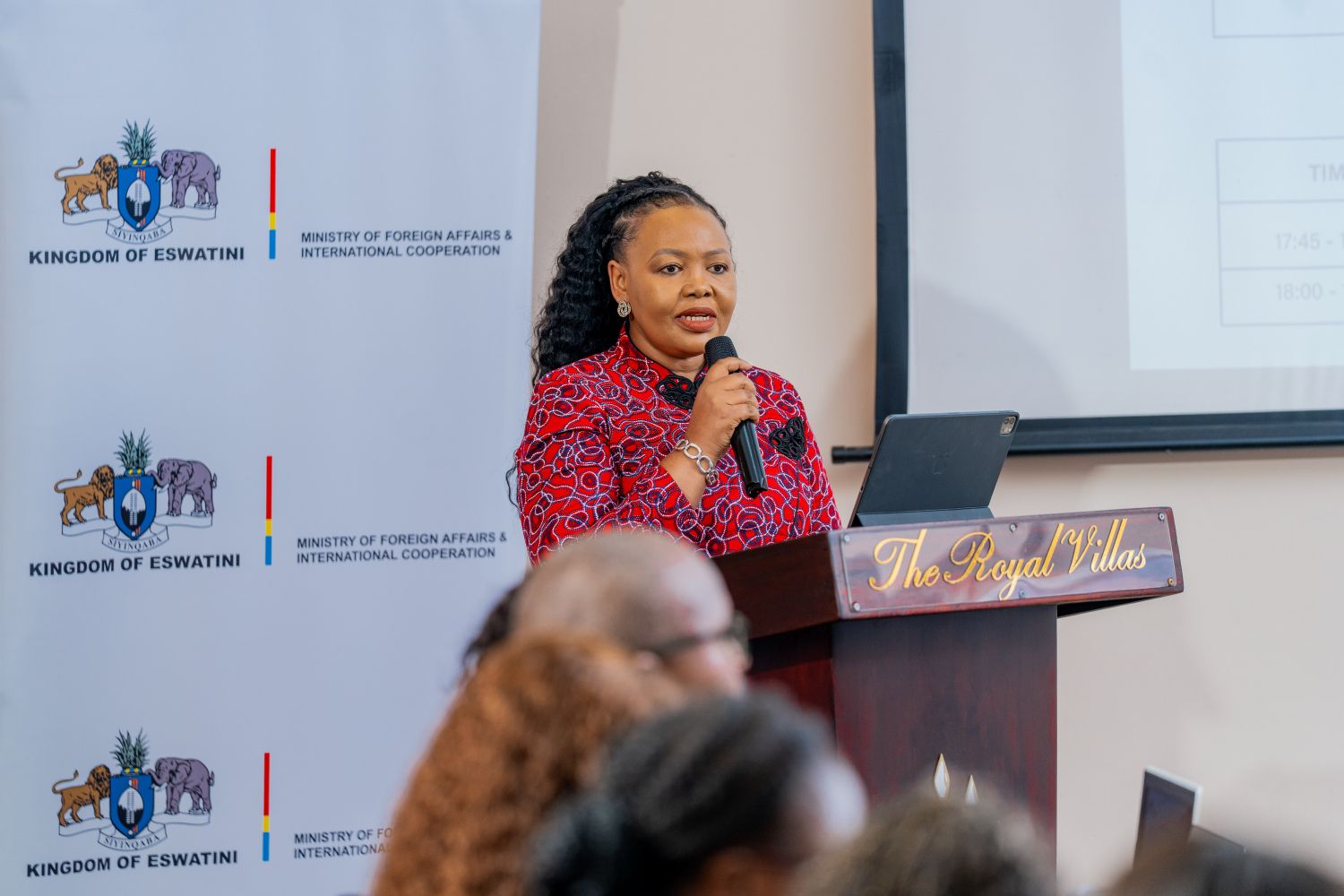 Minister of Foreign Affairs and International Cooperation Senator Pholile Shakantu delivers opening remarks at the Consultative Programme for Ambassadors at Royal Villas in Ezulwini on April 29, 2026.