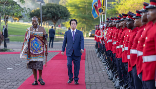 His Majesty King Mswati III and Taiwan's President Lai Ching-te conduct a formal inspection of the Guard of Honour during the official state welcome ceremony, Eswatini, May 2026.