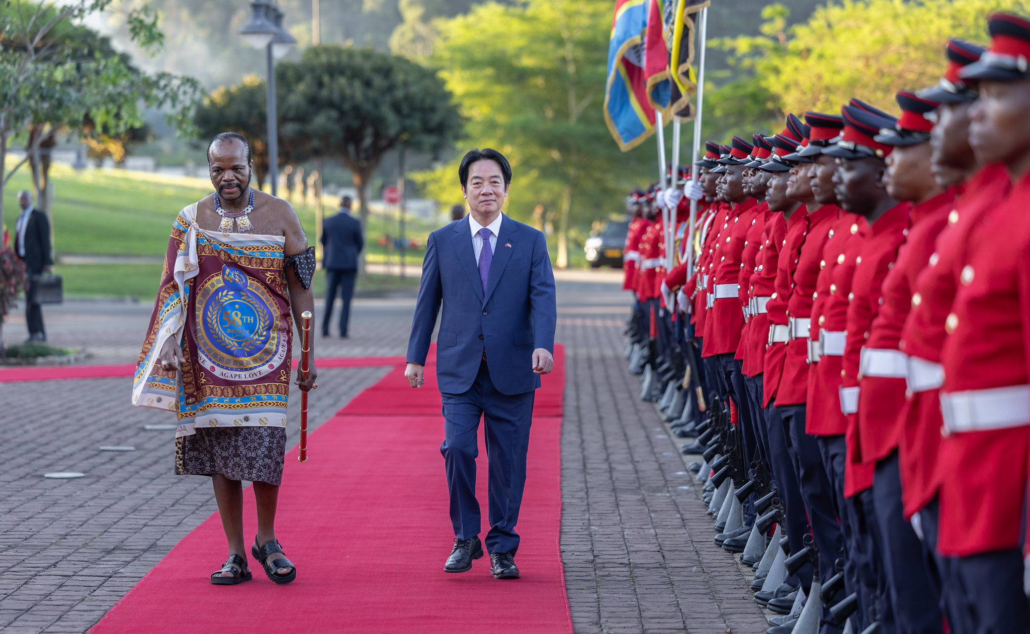 His Majesty King Mswati III and Taiwan's President Lai Ching-te conduct a formal inspection of the Guard of Honour during the official state welcome ceremony, Eswatini, May 2026.