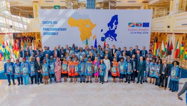 Delegates from OACPS and European Union member states gather for a group photo during the first Africa-EU Parliamentary Assembly, hosted by the Kingdom of Eswatini at the Ezulwini Palazzo ICC from 7 to 14 May 2026.
