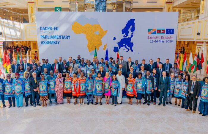 Delegates from OACPS and European Union member states gather for a group photo during the first Africa-EU Parliamentary Assembly, hosted by the Kingdom of Eswatini at the Ezulwini Palazzo ICC from 7 to 14 May 2026.