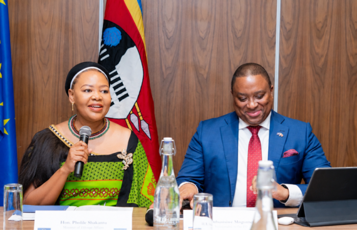 Senator Pholile Shakantu addresses delegates at the third Eswatini-EU Partnership Dialogue in Mbabane on Friday, seated next to Eswatini's Ambassador to Belgium, H.E. Sibusisiwe Mngomezulu. Photo by Phindokuhle Sithole / Lokuhle Media