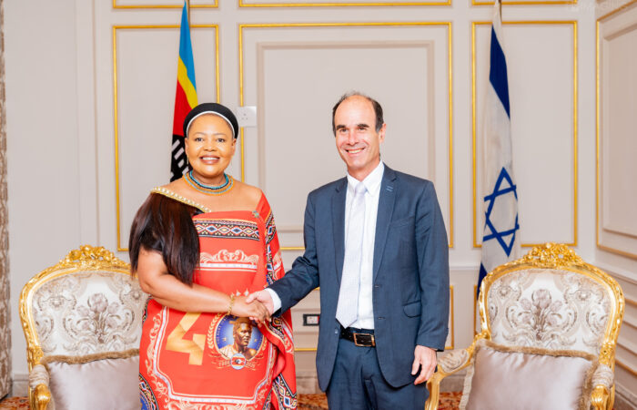 Minister of Foreign Affairs and International Cooperation Senator Pholile Shakantu and Israeli Ambassador Ilan Fluss pictured together at the ICC Ezulwini Palazzo on Wednesday during bilateral talks between Eswatini and Israel. Photo: Phindo Sithole/Lokuhle Media