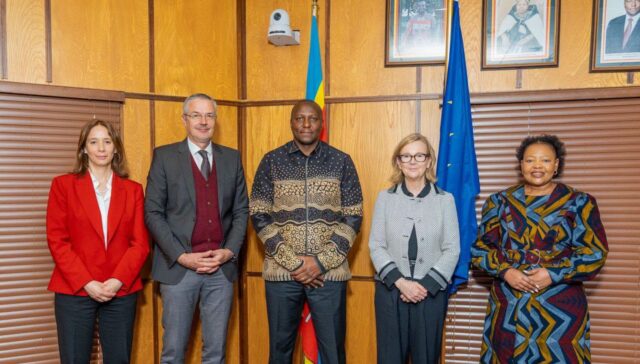 Prime Minister Russell Mmiso Dlamini, Minister of Foreign Affairs and International Cooperation Senator Pholile Shakantu, EU Managing Director for Africa Ms Patricia Llombart Cussac and EU Ambassador to Eswatini H.E. Mr Karsten Mecklenburg pictured during their meeting in Mbabane on Friday, June 20, 2026. Picture: Government of Eswatini