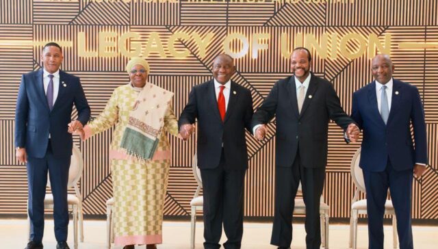SACU leaders hold hands at the family photo session in Cape Town, June 26 2026. From left: Botswana's Duma Boko, Namibia's Netumbo Nandi-Ndaitwah, South Africa's Cyril Ramaphosa, Eswatini's King Mswati III and Lesotho's Ntsokoane Matekane.