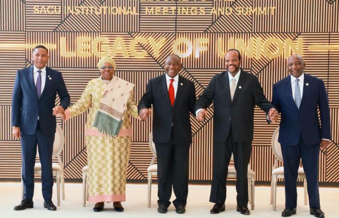 SACU leaders hold hands at the family photo session in Cape Town, June 26 2026. From left: Botswana's Duma Boko, Namibia's Netumbo Nandi-Ndaitwah, South Africa's Cyril Ramaphosa, Eswatini's King Mswati III and Lesotho's Ntsokoane Matekane.