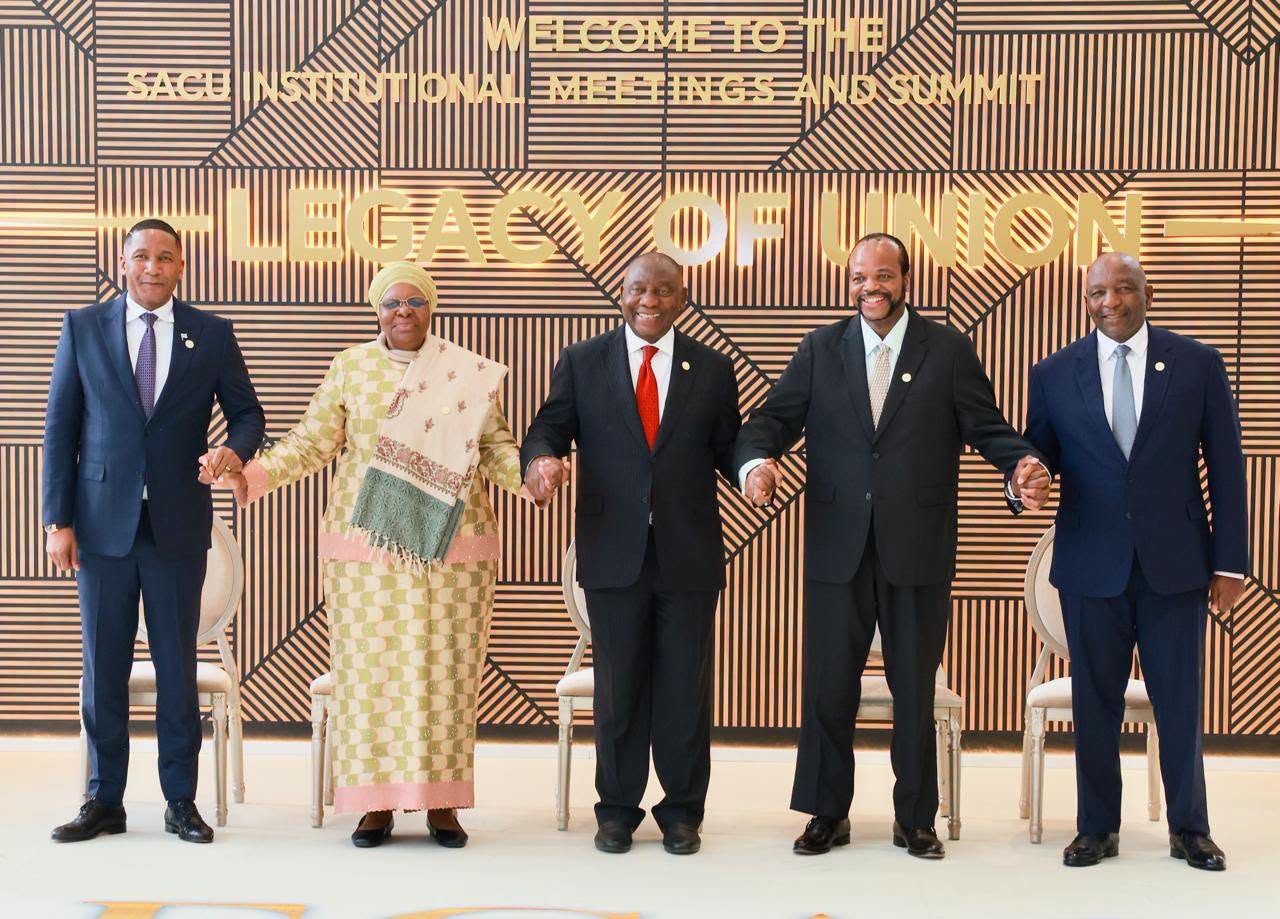 SACU leaders hold hands at the family photo session in Cape Town, June 26 2026. From left: Botswana's Duma Boko, Namibia's Netumbo Nandi-Ndaitwah, South Africa's Cyril Ramaphosa, Eswatini's King Mswati III and Lesotho's Ntsokoane Matekane.