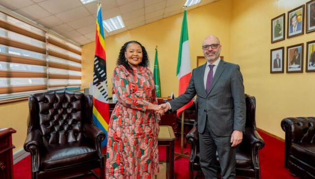 Foreign Affairs Minister Senator Pholile Shakantu receives Italian Ambassador His Excellency Gabriele Annis for bilateral talks following Friday's handover of Italian-funded climate projects in Manzini.