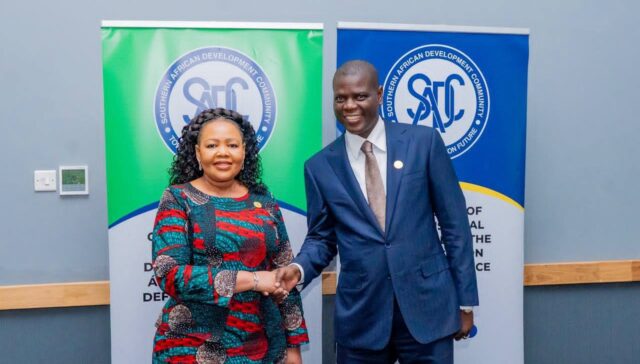 Foreign Affairs Minister Senator Pholile Shakantu (left) with South Africa's Foreign Minister Ronald Lamola during bilateral talks on the sidelines of the SADC Ministerial Committee of the Organ meeting.