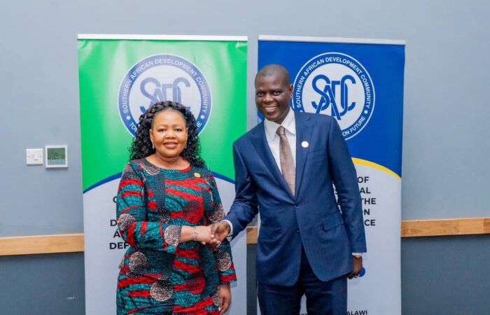 Foreign Affairs Minister Senator Pholile Shakantu (left) with South Africa's Foreign Minister Ronald Lamola during bilateral talks on the sidelines of the SADC Ministerial Committee of the Organ meeting.