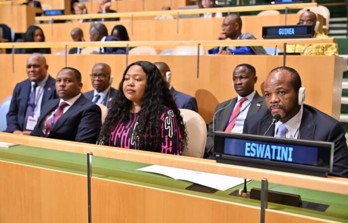 King Mswati III with Minister of Foreign Affairs and International Cooperation Senator Pholile Shakantu and other members of the Eswatini delegation during the opening of the 81st Session of the United Nations General Assembly in New York. Photo: Government of Eswatini