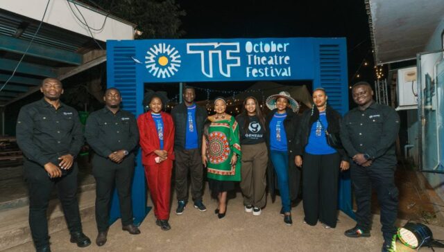 Minister Pholile Shakantu, founder of Genesis Ekucaleni Media, one of the event sponsors, with other stakeholders at the October International Theatre Festival launch. Photo by Tribes Studio.