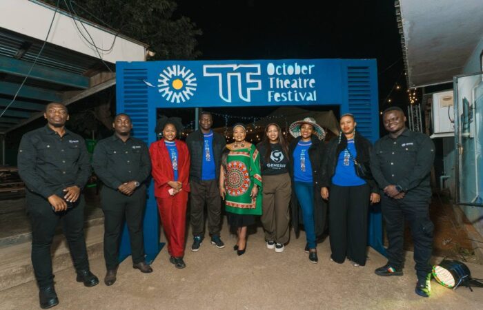 Minister Pholile Shakantu, founder of Genesis Ekucaleni Media, one of the event sponsors, with other stakeholders at the October International Theatre Festival launch. Photo by Tribes Studio.