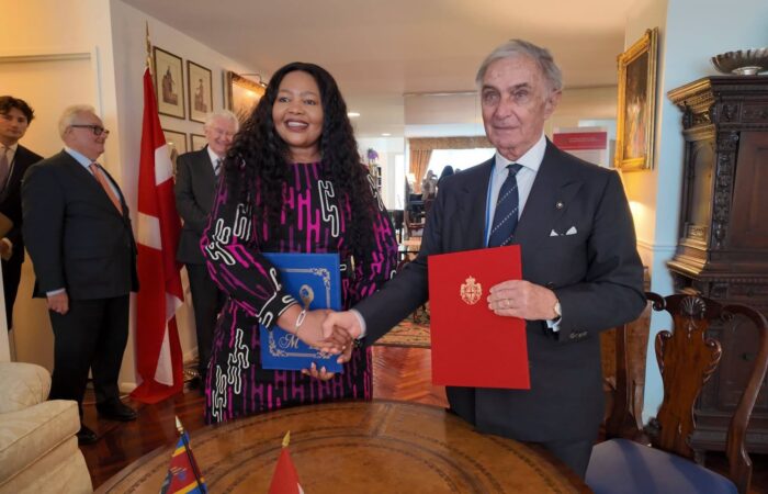 Senator Pholile Shakantu and H.E. Riccardo Paternò di Montecupo display the signed diplomatic declaration following its signing in New York. Photo: Eswatini Government