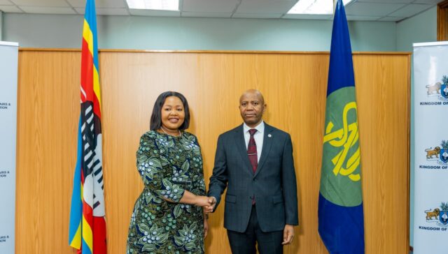 Honourable Senator Pholile Shakantu, Minister of Foreign Affairs and International Cooperation, with Professor Ishmael Kula Theletsane, Director of the SADC Organ on Politics, Defence and Security Cooperation, during their engagement in Mbabane.