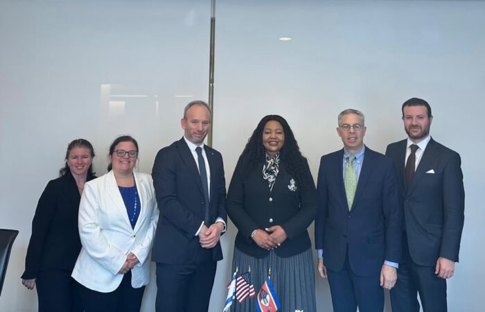Pholile Shakantu, Minister of Foreign Affairs and International Cooperation, with AJC Chairman Michael Feldstein, Congressman Ted Deutch, CEO of the American Jewish Committee, Robert E. Lapin, AJC President, and Wayne Sussman, Director of the AJC Africa Institute, during an engagement on the sidelines of the 81st UN General Assembly.