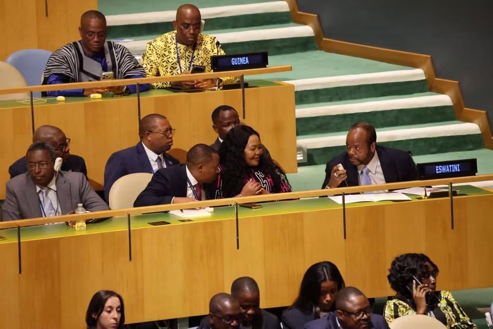 King Mswati III engages Minister of Foreign Affairs and International Cooperation Senator Pholile Shakantu during the 81st Session of the United Nations General Assembly in New York. Photo: Government of Eswatini